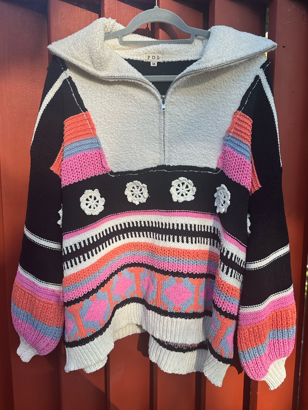 POL Half-Zip Hooded Knit Sweater in Black, Pink & Coral. Size M. Like new!